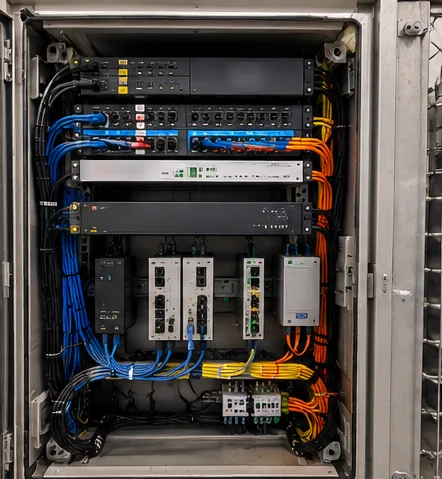 Field network cabinet with industrial switches, firewall and neatly dressed cabling