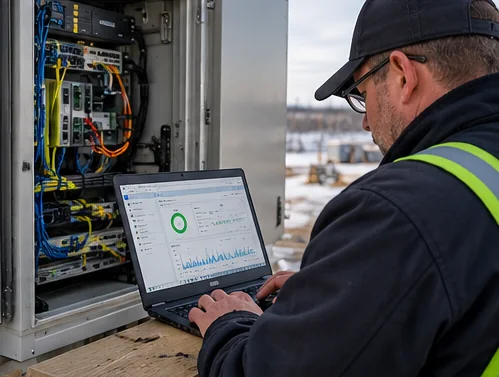 Technician testing a newly commissioned network on a laptop beside an open field cabinet