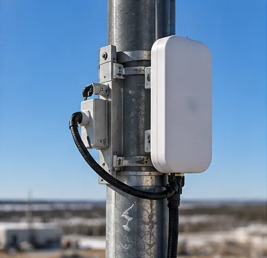 Outdoor-rated wireless access point mounted on a steel pole at an industrial site