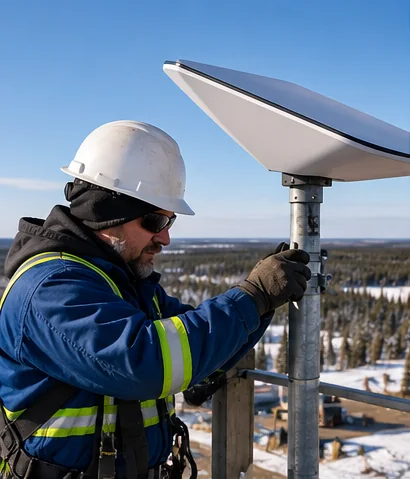 Field technician in a hard hat and hi-vis jacket aligning a Starlink dish on a mast at a remote snowy site