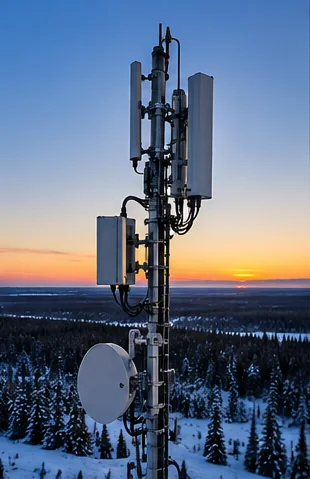 Communications tower with cellular antennas and a radio dish above snowy boreal forest at sunrise
